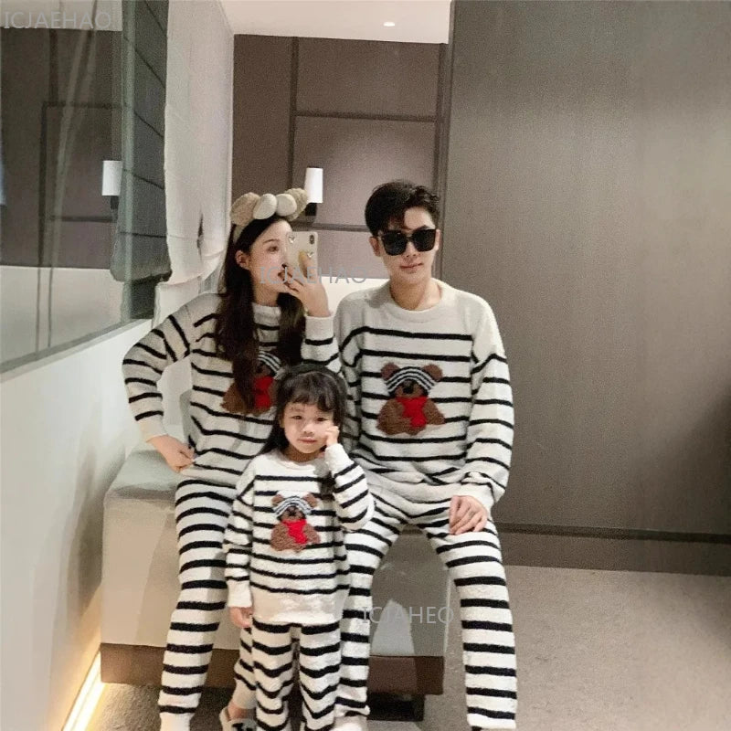 Family Matching Pajamas Set Children Homewear Sleepwear Two-Piece Loungewear Striped Bear Print Mom Dad and Kids Adult Winter