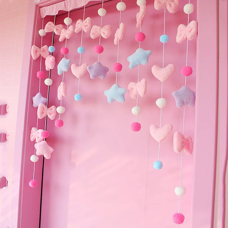Pink Bow Short Curtain, Cute Kawaii Velvet Door & Window Curtain with Velcro Installation, Soft Decorative Thread Partition for Girls’ Bedroom, Dormitory & Bathroom