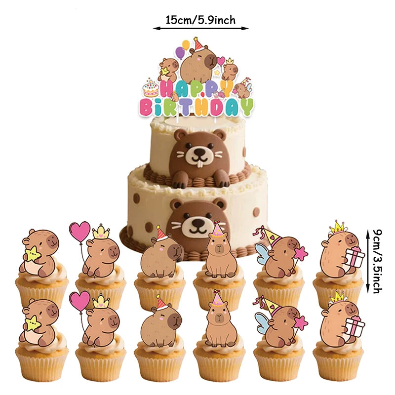 Capybara Cake Toppers – Cute Cartoon Animal Cupcake Decorations for Birthday, Baby Shower & Party Supplies