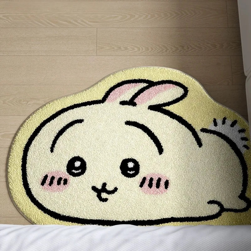 Chiikawa Cartoon Rug, Hachiware & Usagi Plush Flannel Floor Mat, Cute Anime Non-Slip Carpet for Bathroom, Bedroom, Living Room & Car Decor