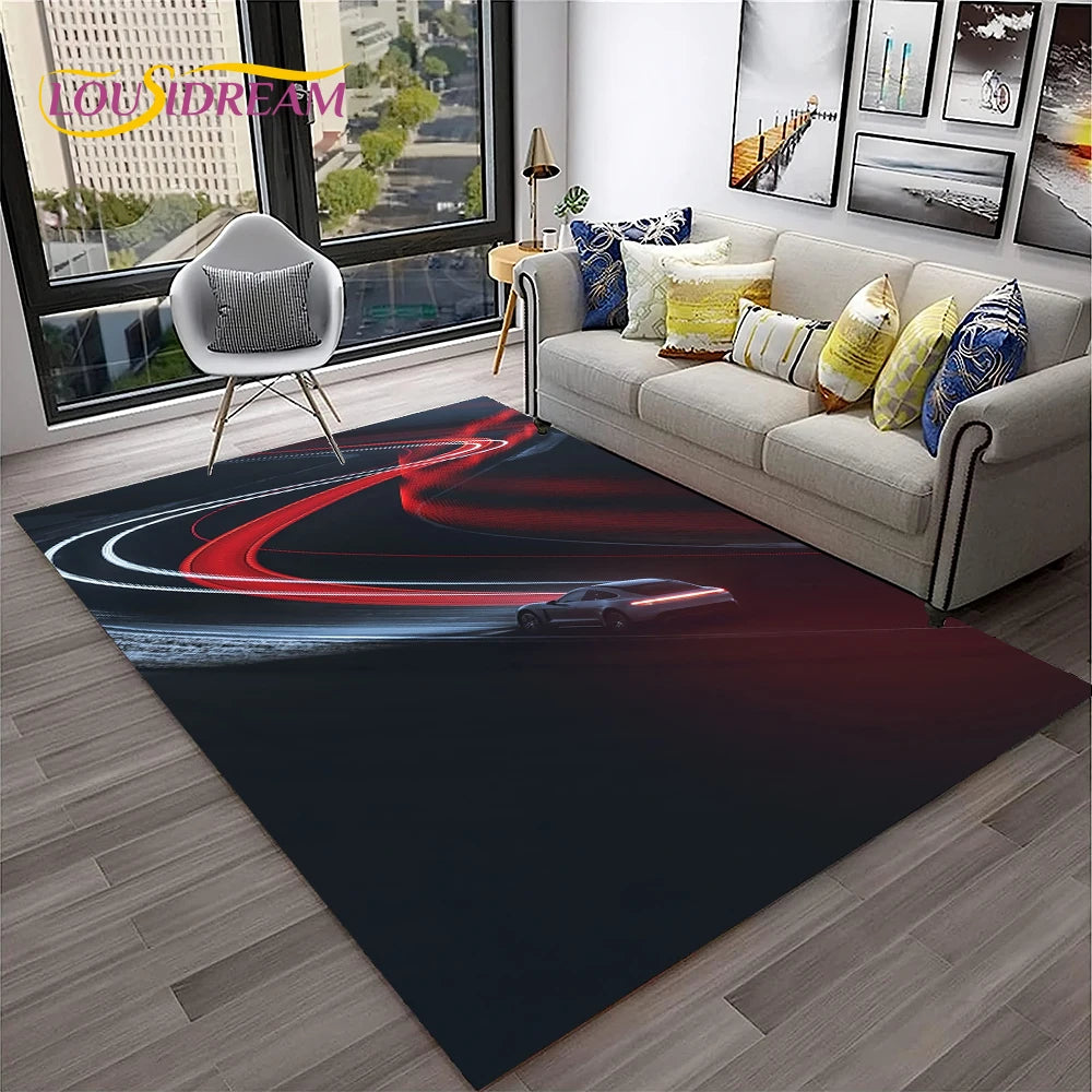 Sports Car Racing Rug, 3D Printed Cartoon Polyester Crystal Velvet Carpet with Non-Woven Backing, Kids Playroom Floor Mat for Bedroom, Living Room & Home Decor