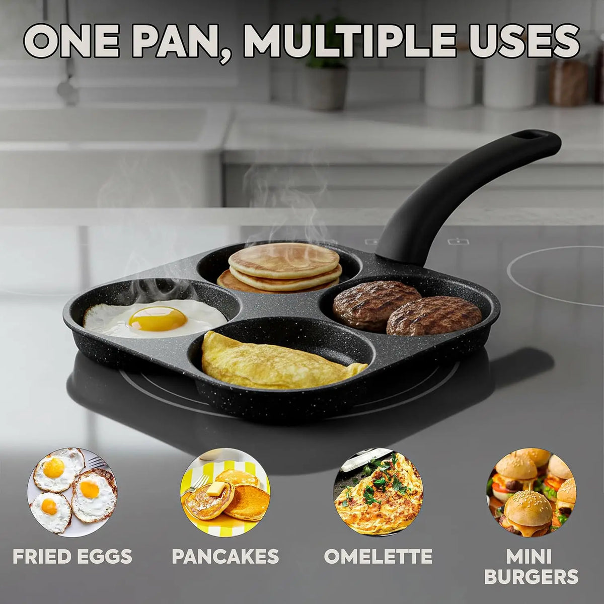 4-Hole Nonstick Egg Frying Pan – Multi-Section Breakfast Skillet with Handle for Eggs, Pancakes & Breakfast Foods