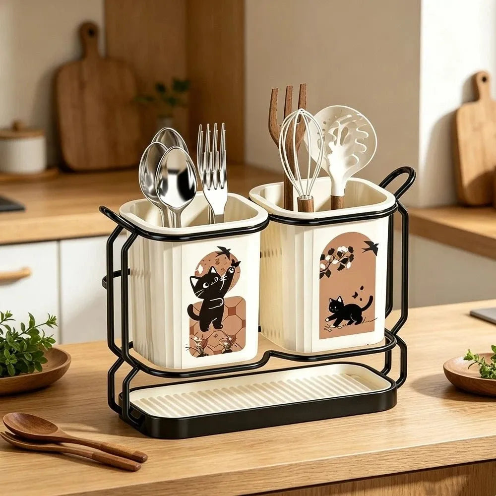 Cute Cat Kitchen Storage Basket Durable Organizer Cutlery Holder Standing No-drill Tableware Drainer Household