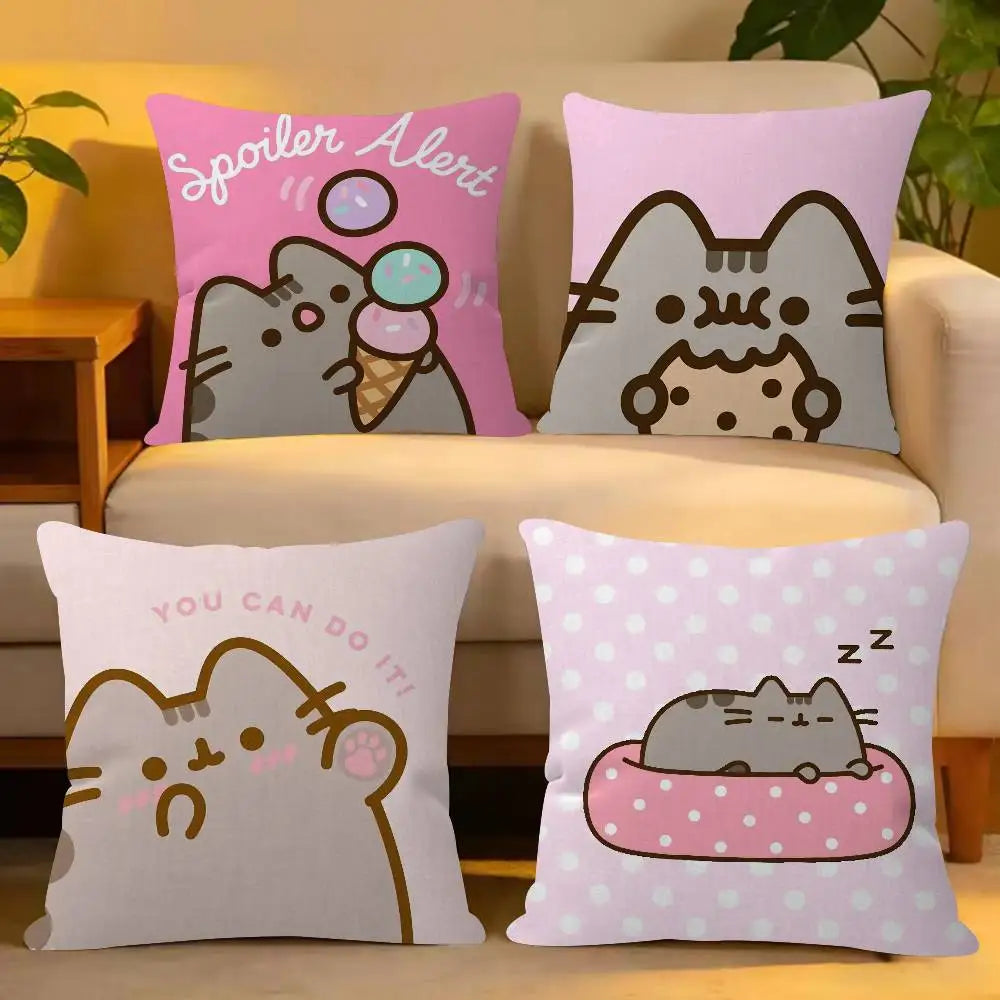 Pusheen Cartoon Cushion Cover, Cute Anime Printed Polyester Pillowcase, Decorative Throw Pillow Cover for Sofa, Bed, Bedroom, Kids’ Room & Home Decor