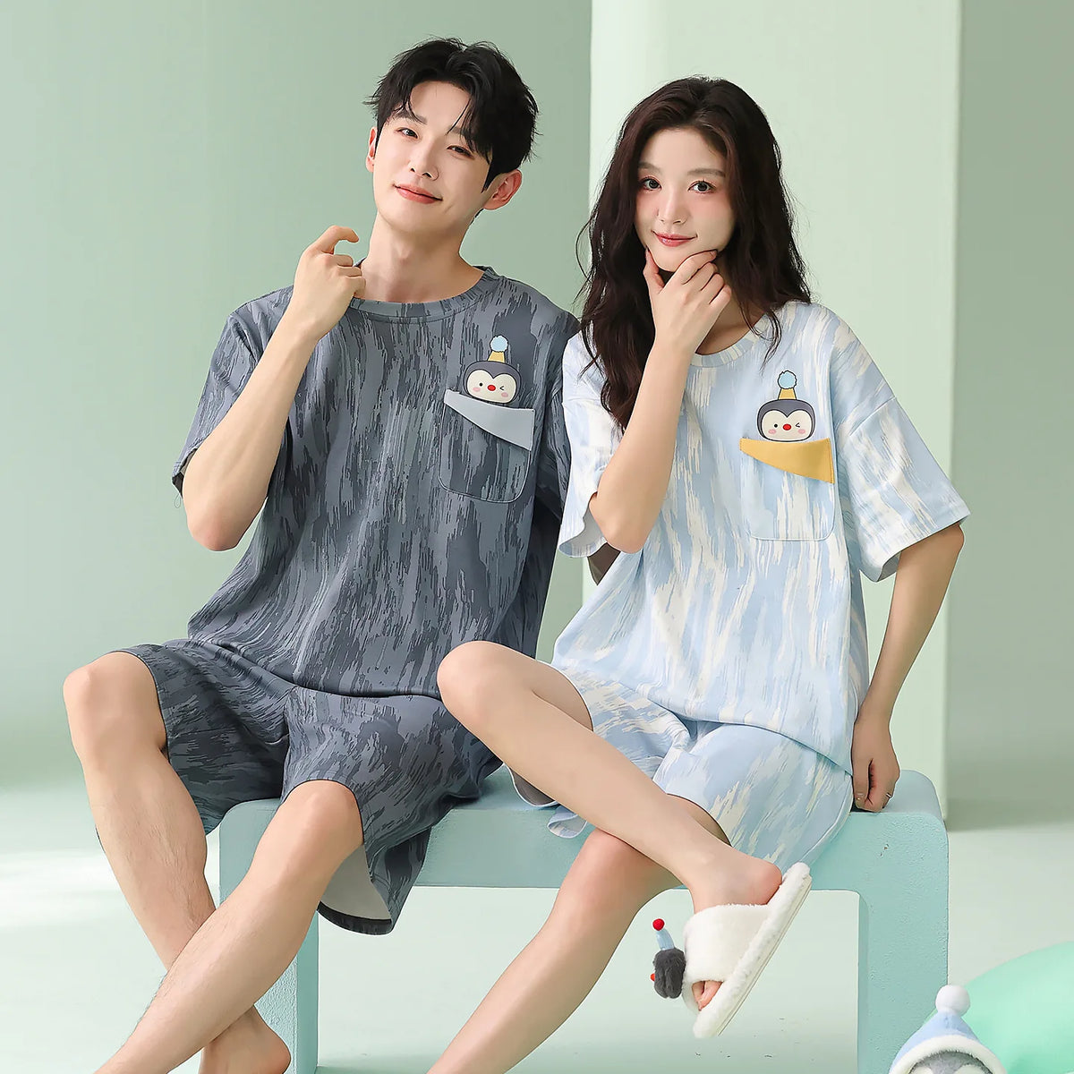 Summer Sleep Lounge Pajama Short-Sleeved Women's Pajama Set Cartoon Pyjamas Pure Cotton Couple Sleepwear Home Fashion