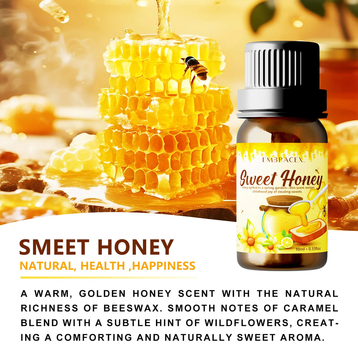 Honey Fragrance Oil 10ml, Long-Lasting Aroma Oil for Diffusers, Humidifiers, Oil Burners & DIY Candles, Home, Car & Holiday Gift