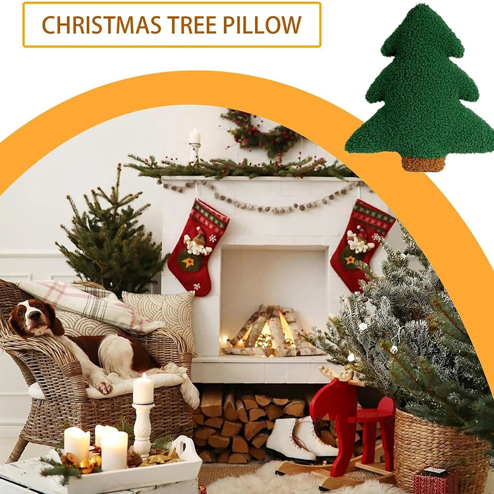 Christmas Tree Plush Pillow 30×25cm – Soft Green Xmas Throw Cushion for Sofa, Bed & Chair, Festive Holiday Home Decor & Gift