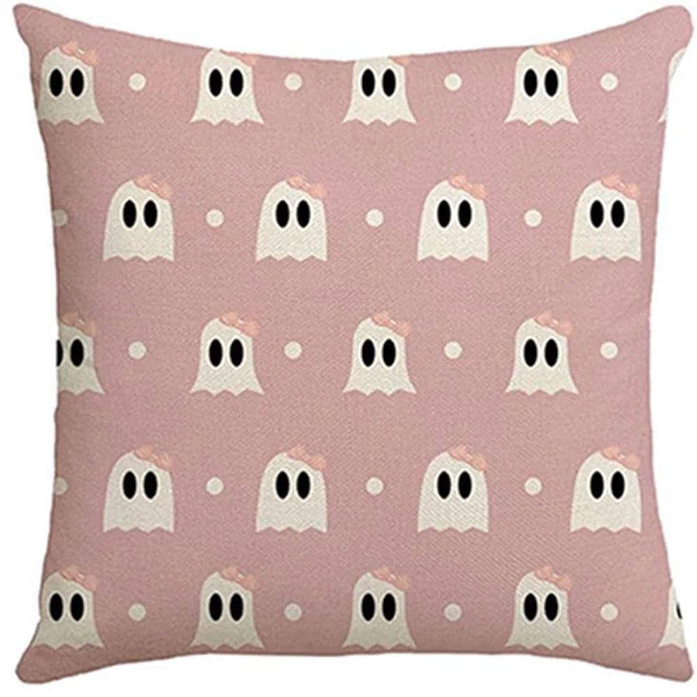 Pink Halloween Pillow Cover – Cute Ghost & Pumpkin Printed Cushion Case for Sofa, Couch & Bedroom, Spooky Holiday Decor Gift