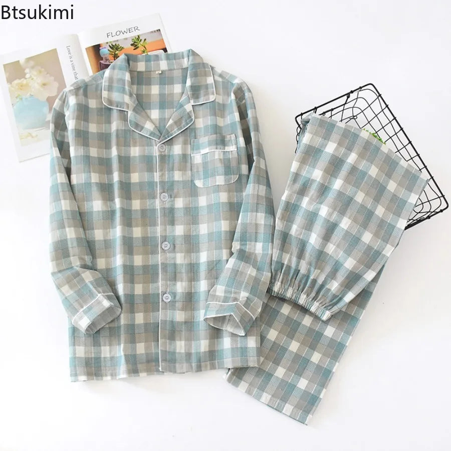 Couple's 100% Cotton Pajamas Two-piece Set Long Sleeved Pants Simple Plaid Print Pajamas Homewear Sleepwear for Women and Men