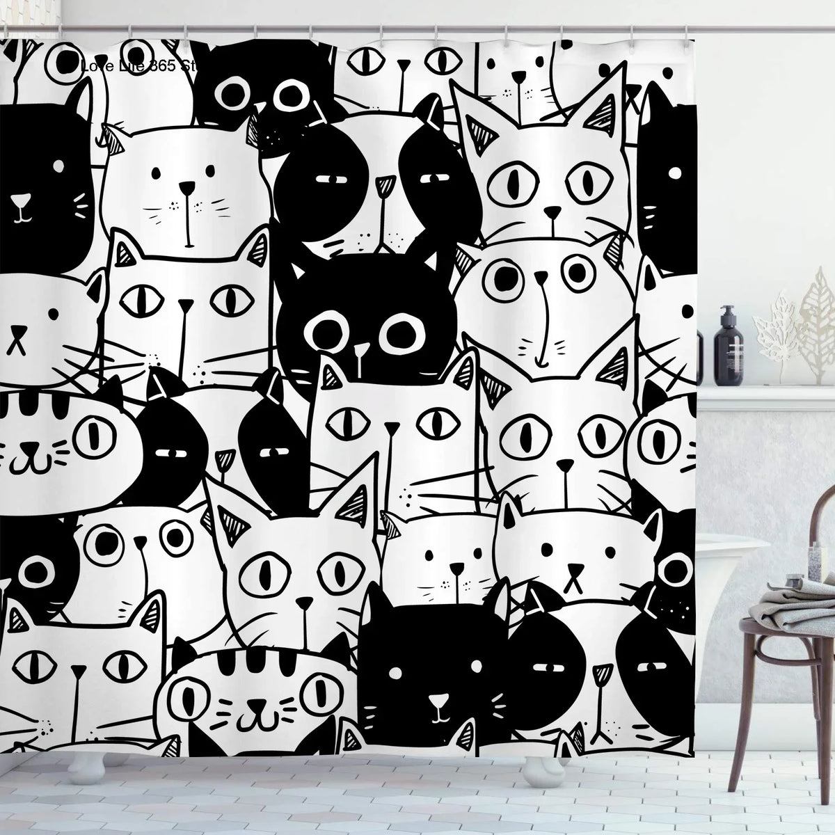Cute Cat Pattern Shower Curtain, Fun Cartoon Bathroom Curtain with Waterproof Polyester Fabric, Washable Modern Decor for Toilet, Window, Door & Wall