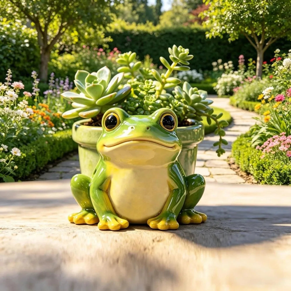 Cute Frog Resin Flower Pot, Funny Animal Succulent Planter & Decorative Sculpture, Small Green Plant Holder and Pencil Holder for Garden, Balcony, Terrace, Home & Office