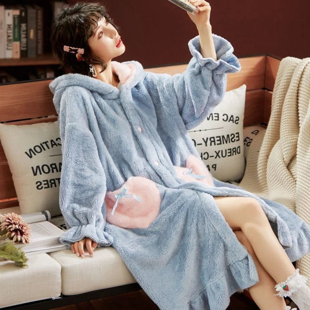Winter Pajamas For Women Cartoon Hooded Long Robe Cute Nightgown Sleepwear Bat Animal Kawaii Flannel Warm Comfy Lounge Bathrobes