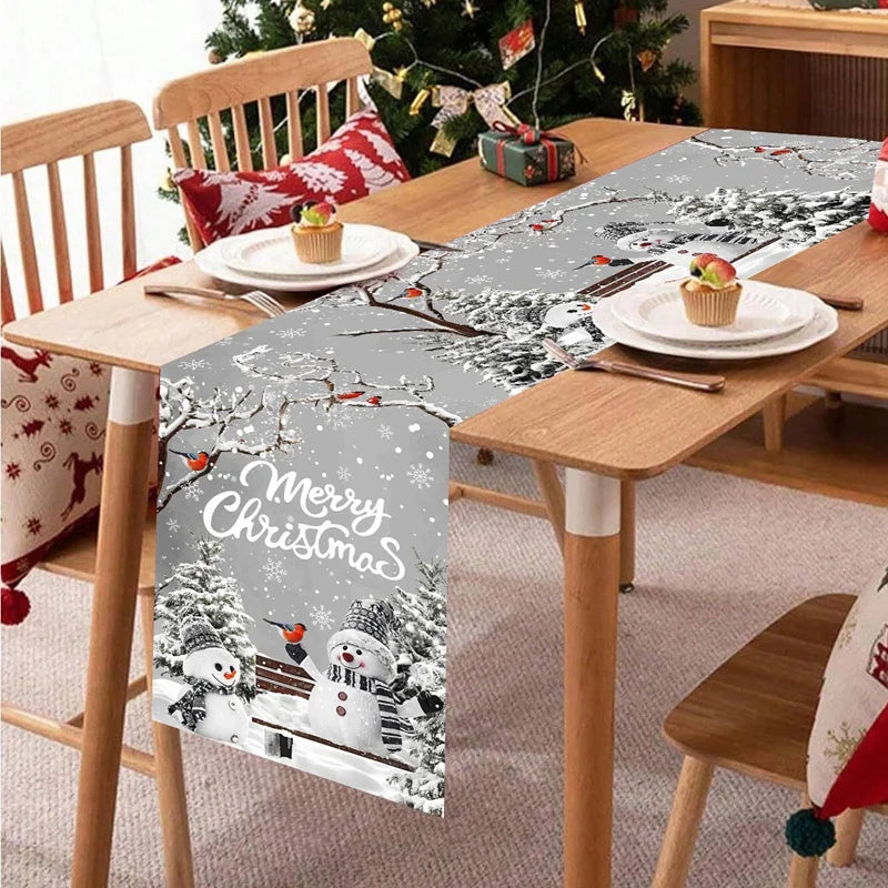Christmas Table Runner 33×183cm, Winter Wonderland Snowman Linen Table Cover, Rustic Farmhouse Holiday Table Decor for Dining Room, Kitchen, Party & Home