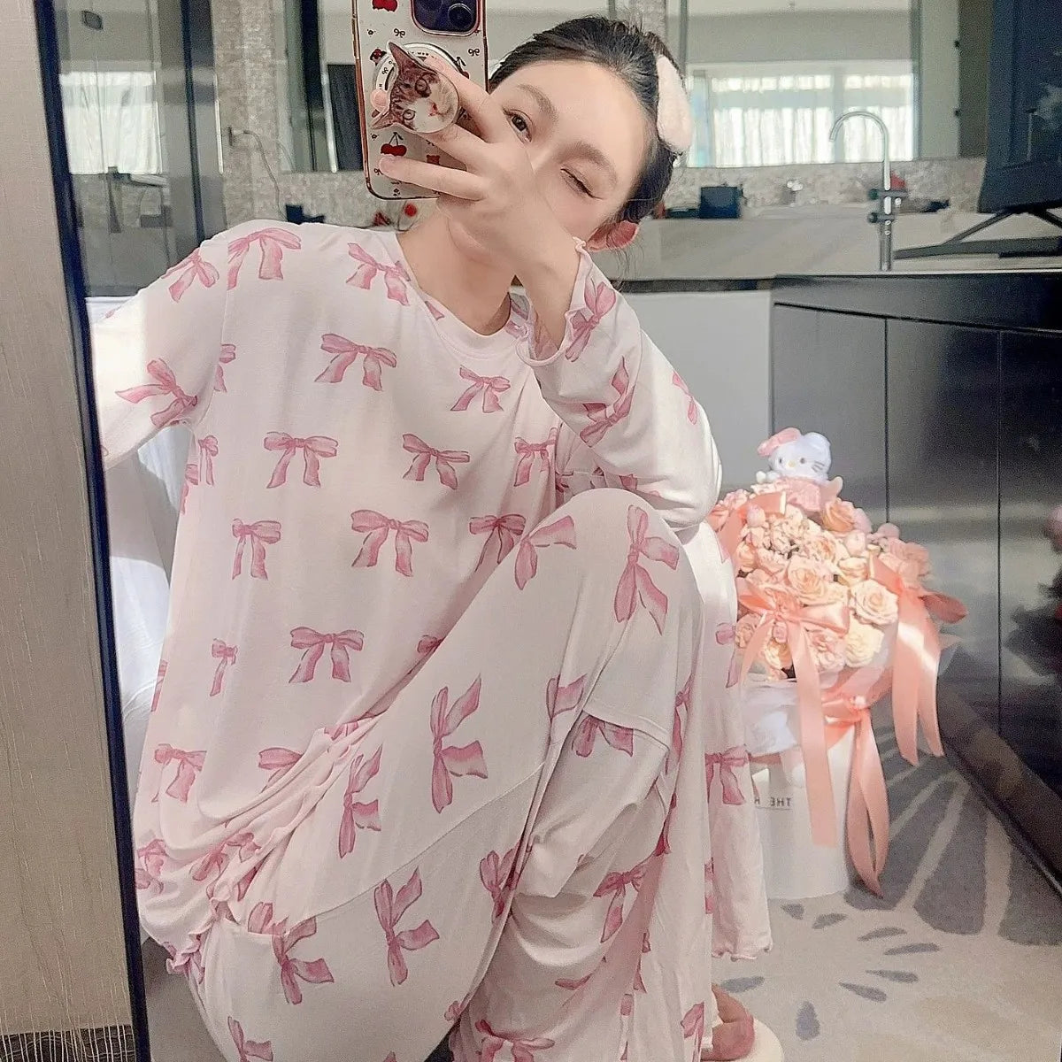 ComfortableJapanese Style Pajamas Soft Modal Sleepwear Long Sleeve/Straps Pants Home Clothes Suit Sweet Bow Print Loungewear