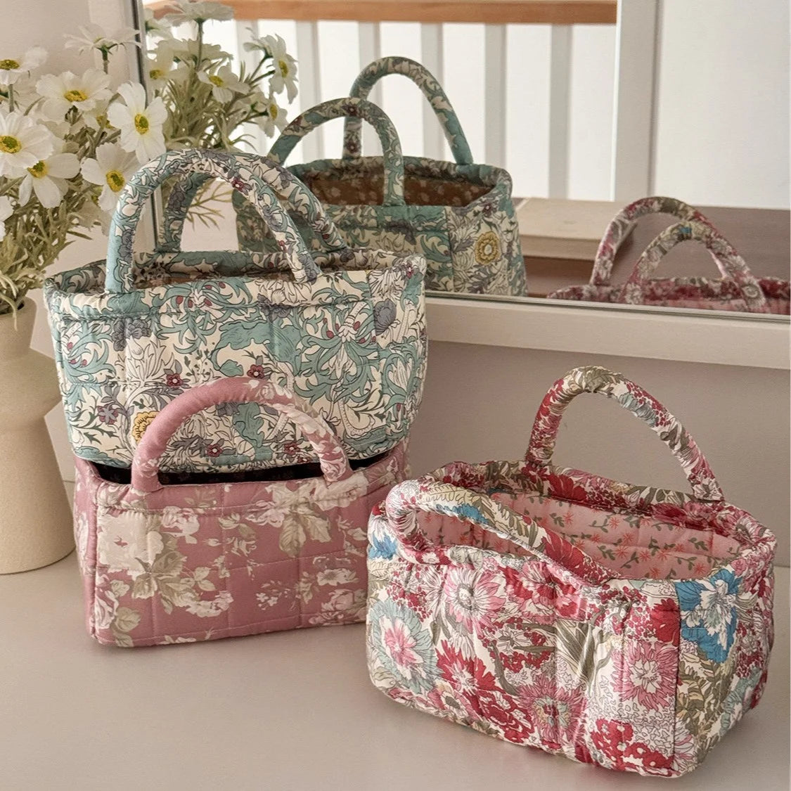 Desktop snack and miscellaneous items organizer basket, quilted fabric home storage basket, large garden series laundry basket