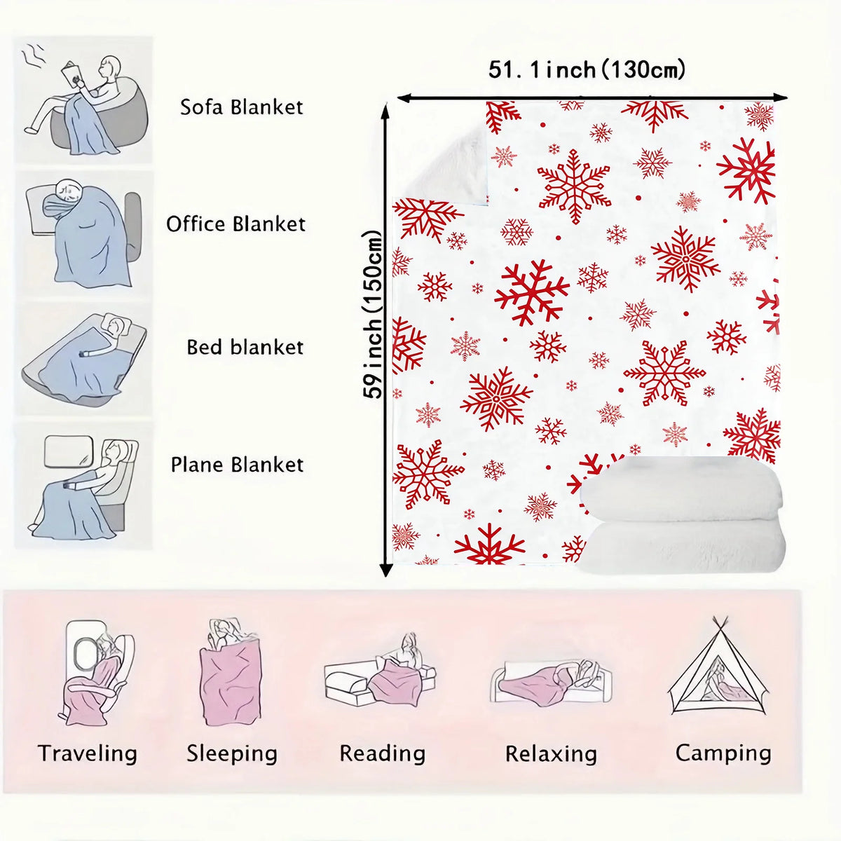 Christmas Throw Blanket, Red Snowflake Printed Flannel Fleece Blanket, Super Soft Plush Fuzzy Winter Blanket for Bed, Sofa, Couch & Holiday Home Decor