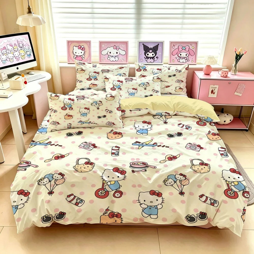 Sanrio Hello Kitty Bedding Set – Cute Cartoon Printed Duvet Cover & Pillowcase, Soft Polyester-Cotton Bed Linen for Girls, Dorm & Home