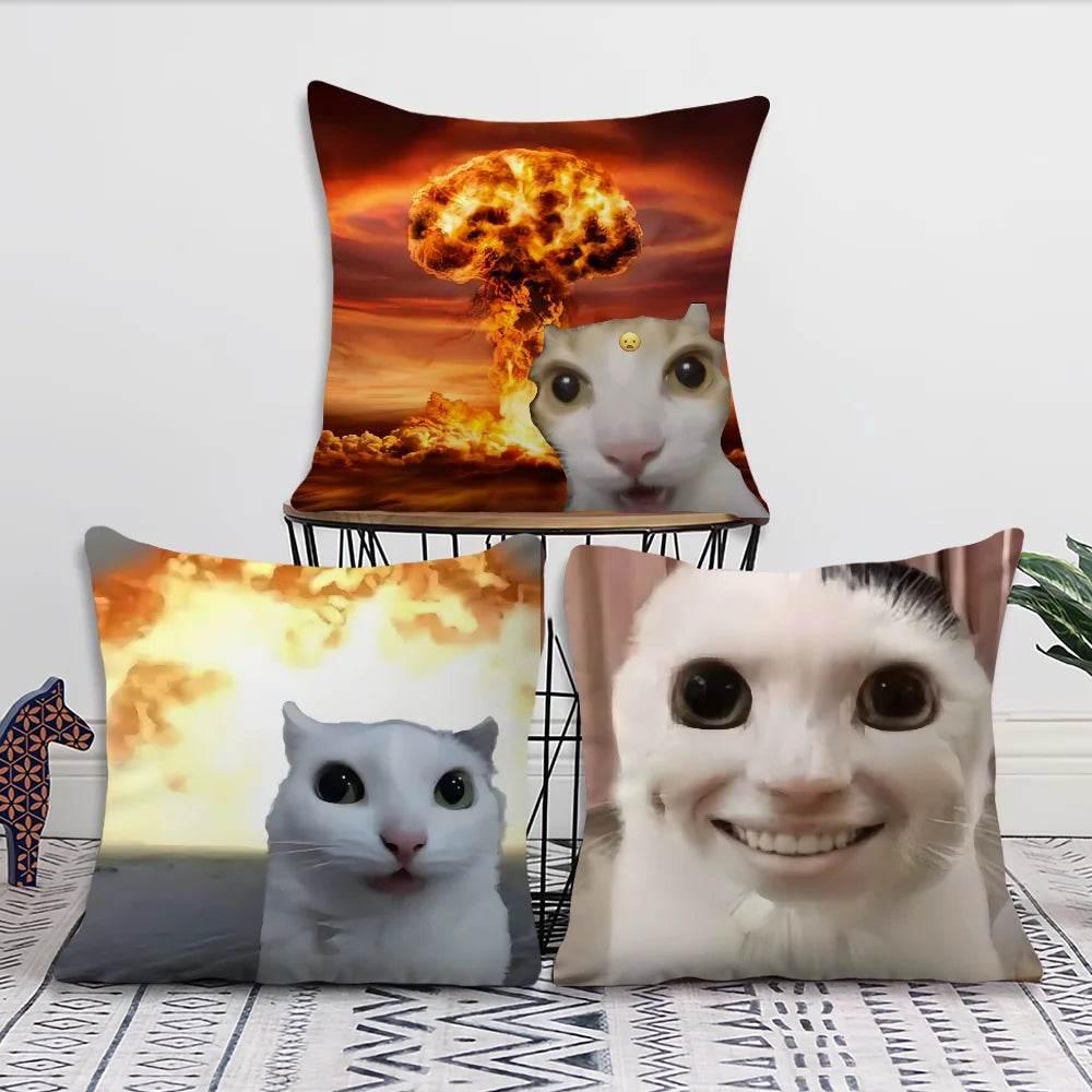 Funny Cat Meme Cushion Cover, Double-Sided Printed 100% Polyester Pillowcase, Cute Square Decorative Throw Pillow Cover for Sofa, Living Room, Office, Car & Home Decor