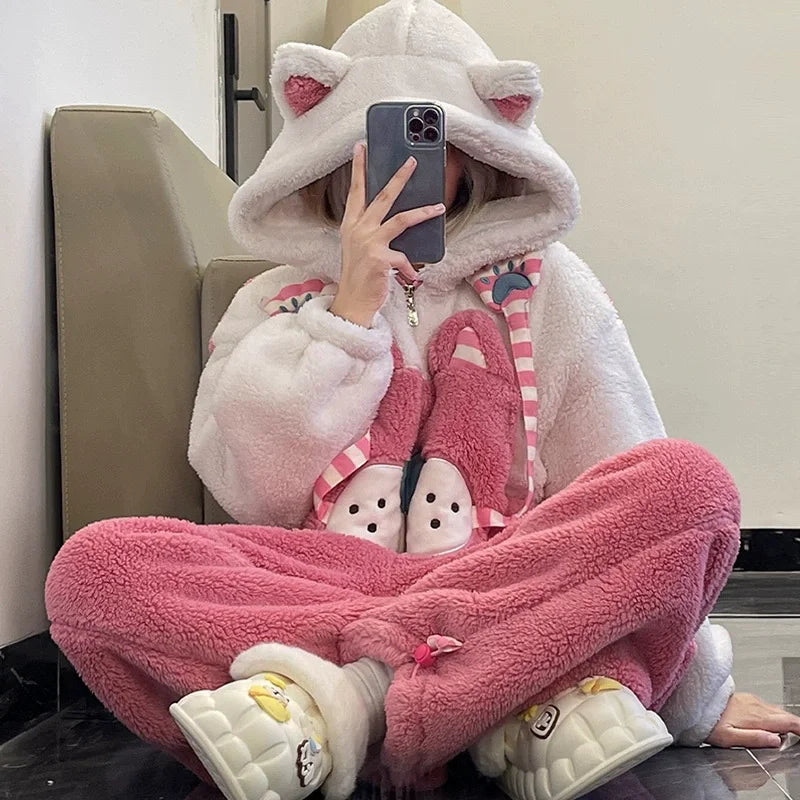 Thickened Winter Pajamas Onesie Coral Fleece Hooded Sleepwear for Cute Girls And Men Home Clothes Outdoor Wearable Cartoon Print