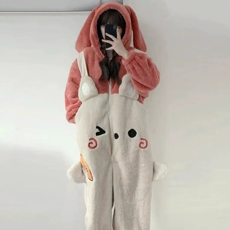 Thickened Winter Pajamas Onesie Coral Fleece Hooded Sleepwear for Cute Girls And Men Home Clothes Outdoor Wearable Cartoon Print