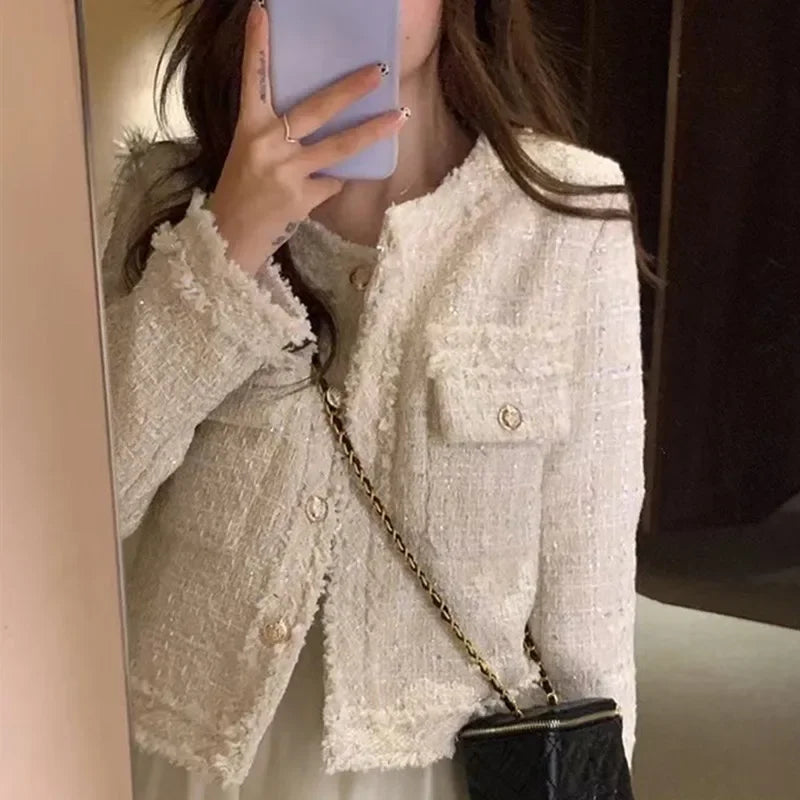 HJLZWB New Fashion Korean Chic Vintage Tweed Woolen Jacket Coat Women