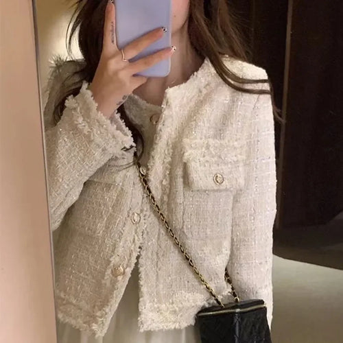 HJLZWB New Fashion Korean Chic Vintage Tweed Woolen Jacket Coat Women