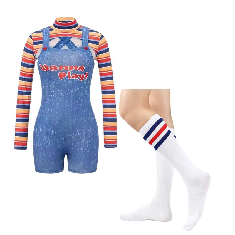 Halloween Costumes for Women Scary Nightmare Killer Doll Wanna Play Movie Character Chucky Doll Costume With Stockings