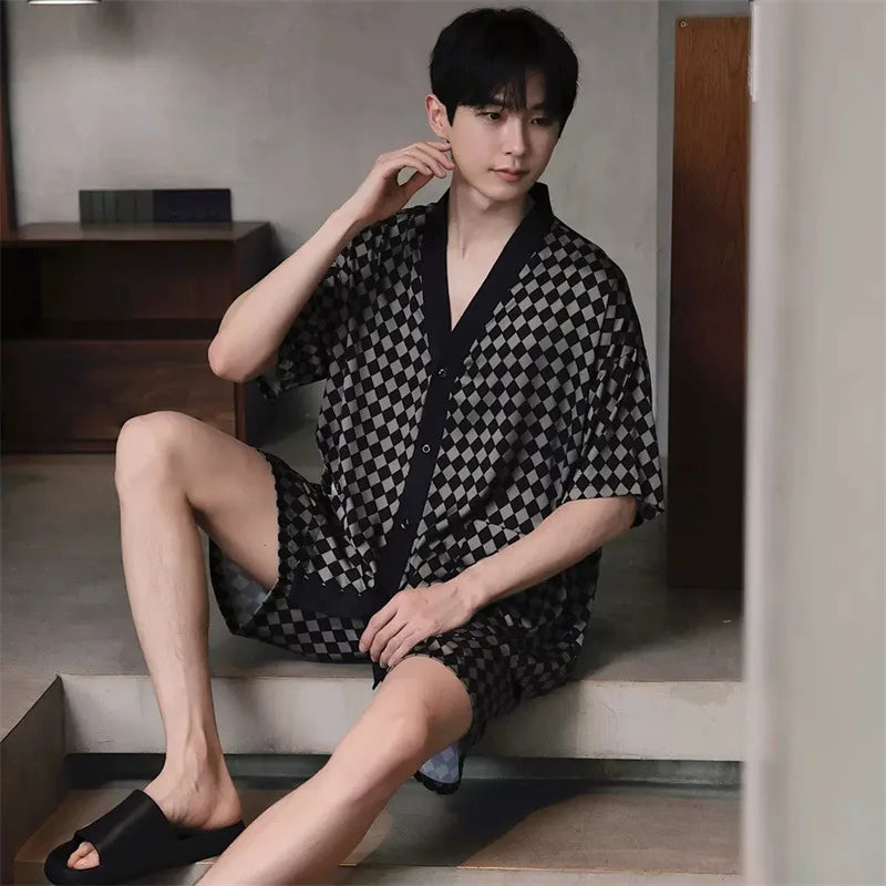 2026 Spring Autumn Fashion Square Couple Ice Silk Pajamas Women Short Sleeve Pants Two Piece Set Nightgown Sleepwear Homesuit