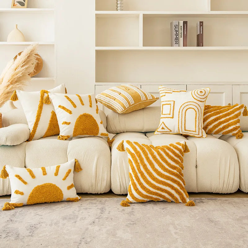 Boho Golden Yellow Tufted Cushion Cover, Geometric Embroidered Tassel Pillowcase, Handmade Nordic Decorative Throw Pillow Cover for Sofa, Bedroom, Chair & Home Decor