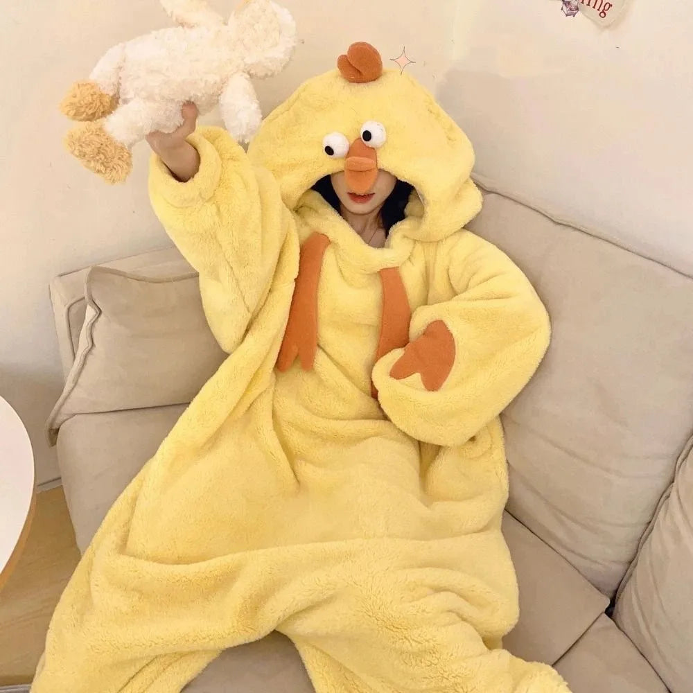 Kawaii Jumpsuits Cartoon Chicken Pajamas Funny Home Wear Coral Fleece Nightwear Warm Long Sleeve Cute Sleepwear Women Home