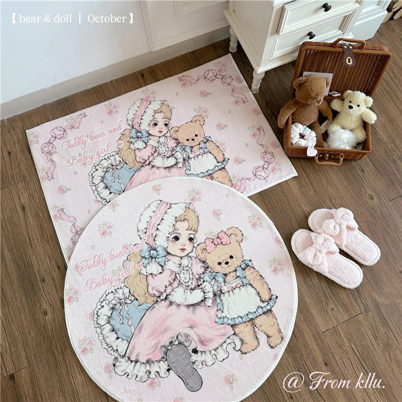 Cute Cartoon Bear Rug, Kawaii Round & Rectangular Plush Carpet with PVC Anti-Slip Backing, Soft Polyester Bedside Floor Mat for Bedroom, Living Room & Home Decor