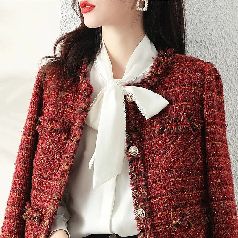 New Autumn Winter Vintage Tweed Jacket Women Small Fragrance Coat Korean Wool Blend Coat Elegant Female Outerwear Mother Clothes