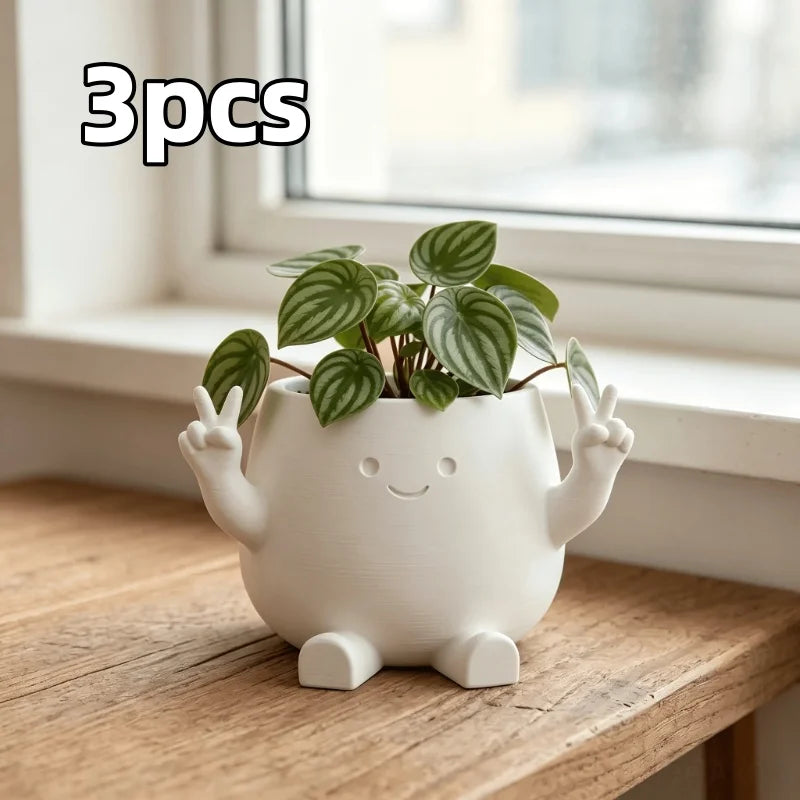 Cute Cartoon Hand Gesture Flower Pot, Character Desktop Planter & Pen Holder, Plastic Succulent Plant Pot for Pennywort, Small Green Plants, Home, Office & Desk Decor