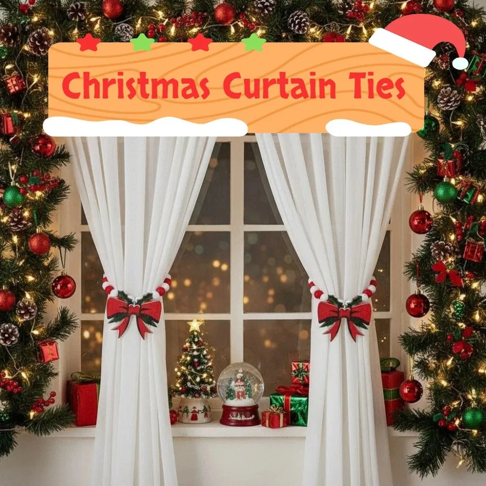 Christmas Curtain Tiebacks 38cm, Boho Wooden Bead Curtain Holdbacks with Alloy Accents, Reusable No-Drill Curtain Ties in Red & Green for Holiday Home Decor