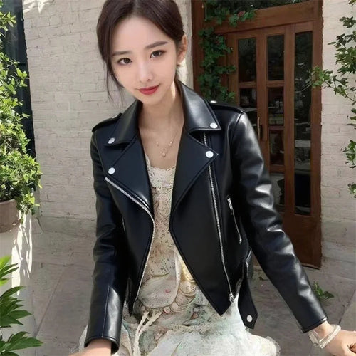 100% Women's Short PU Leather Motorcycle Jacket – Korean-Inspired Slim-Fit Jacket for Spring & Autumn