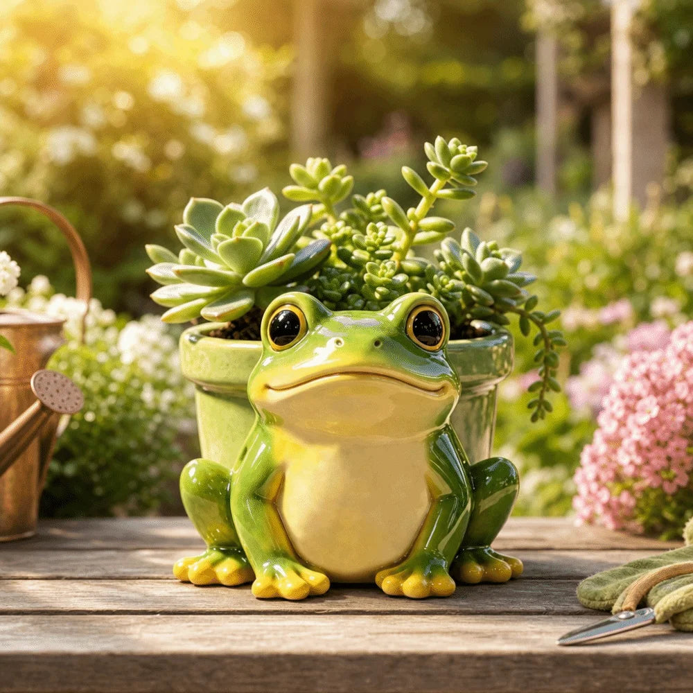 Cute Frog Resin Flower Pot, Funny Animal Succulent Planter & Decorative Sculpture, Small Green Plant Holder and Pencil Holder for Garden, Balcony, Terrace, Home & Office
