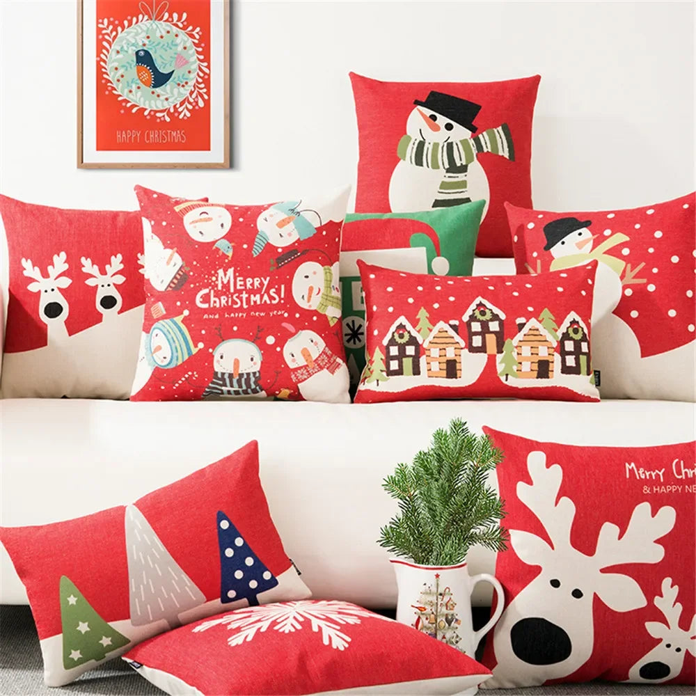 Christmas Pillow Cover 45×45cm & 30×50cm, Merry Christmas Snowman Snowflake Deer Cushion Cover, Beige Cartoon Holiday Decor for Sofa, Bed, Chair & Home