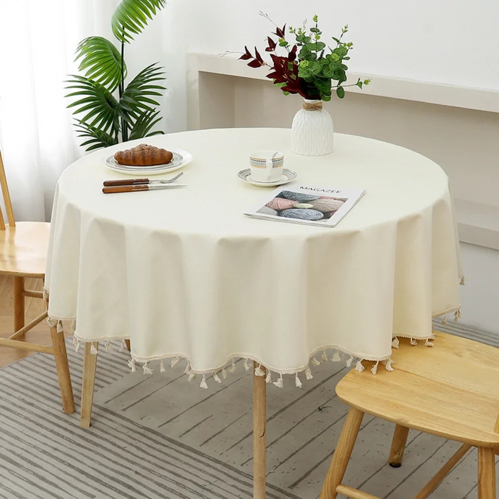 Round Cotton-Linen Style Tablecloth with Tassel Edge, Reusable Waterproof Dining Table Cover, Polyester-Cotton Table Mat for Kitchen & Home Decor, 90–140cm