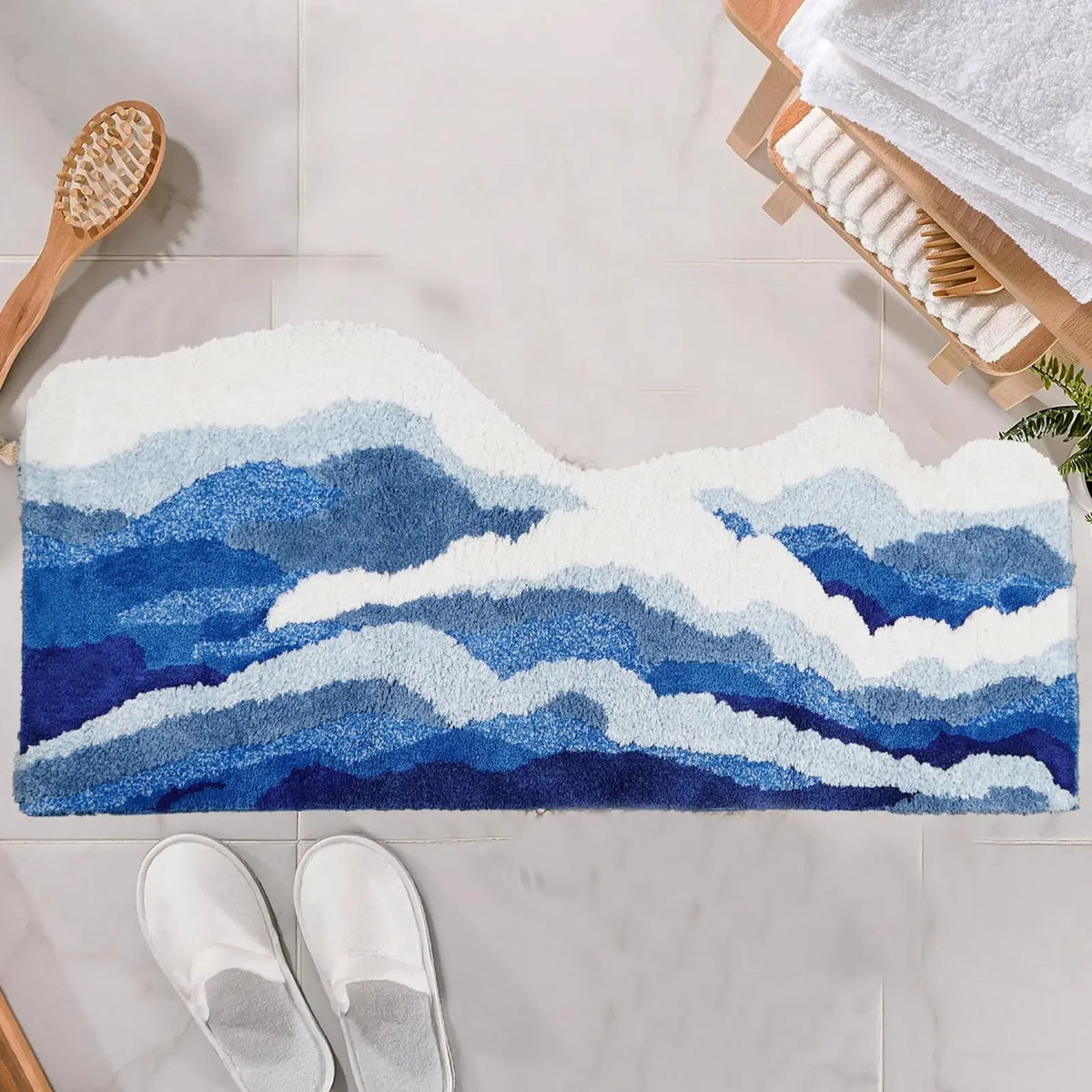 Aesthetic Wave Rug 50×80–70×160cm, Blue Ocean Tufted Polyester Carpet with Anti-Slip Backing, Soft Scenic Floor Mat for Bathroom, Bedroom, Living Room & Kids’ Room