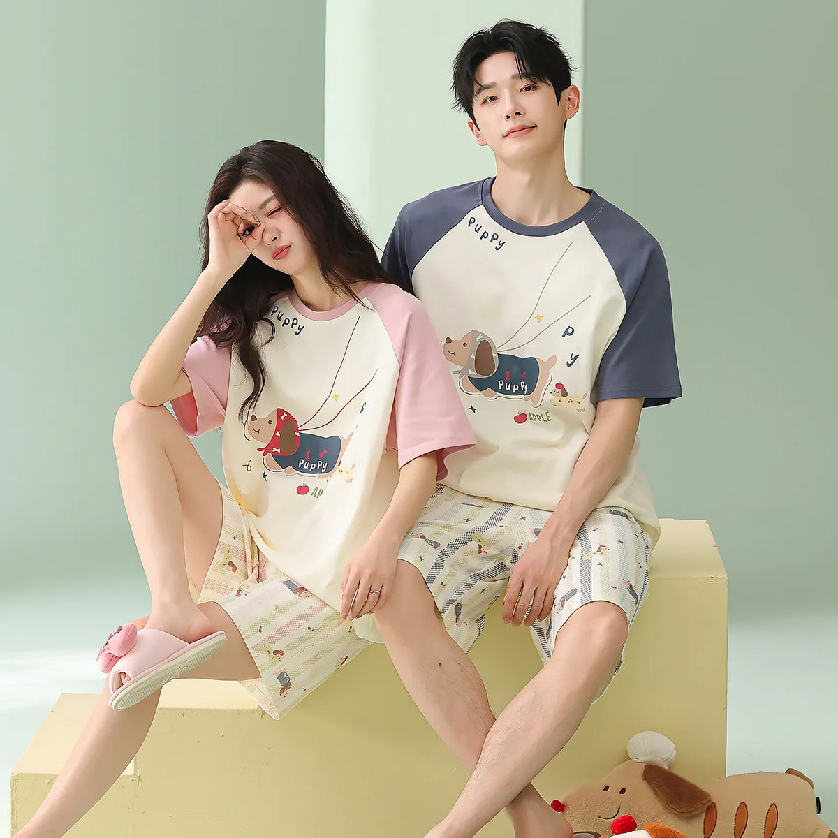 Summer Sleep Lounge Pajama Short-Sleeved Women's Pajama Set Cartoon Pyjamas Pure Cotton Couple Sleepwear Home Fashion