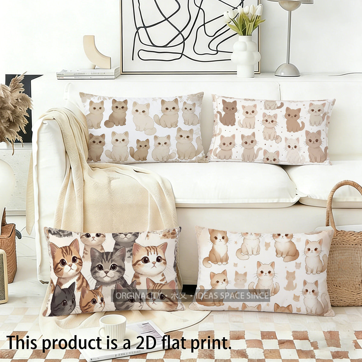 Cute Cat Pillow Cover, Rectangular Printed Polyester Peachskin Cushion Case, Single-Sided Cat Pattern Throw Pillowcase for Sofa, Bedroom, Bed, Car & Home Decor