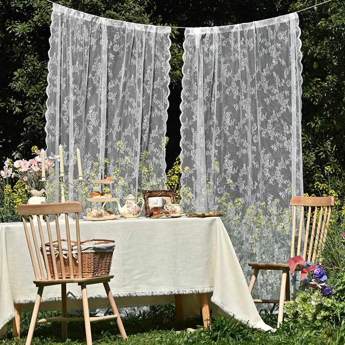 Floral Lace Curtains 1–2 Panels, Botanical Embroidered Semi-Sheer Window Curtains with Scalloped Edge, Vintage Romantic Decor for Living Room, Bedroom & Bay Window