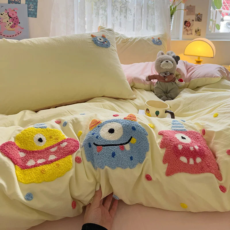 Cute Cartoon Animal Embroidery Bedding Set – 4-Piece Washed Polyester Jacquard Duvet Cover, Flat or Fitted Sheet & Pillowcases