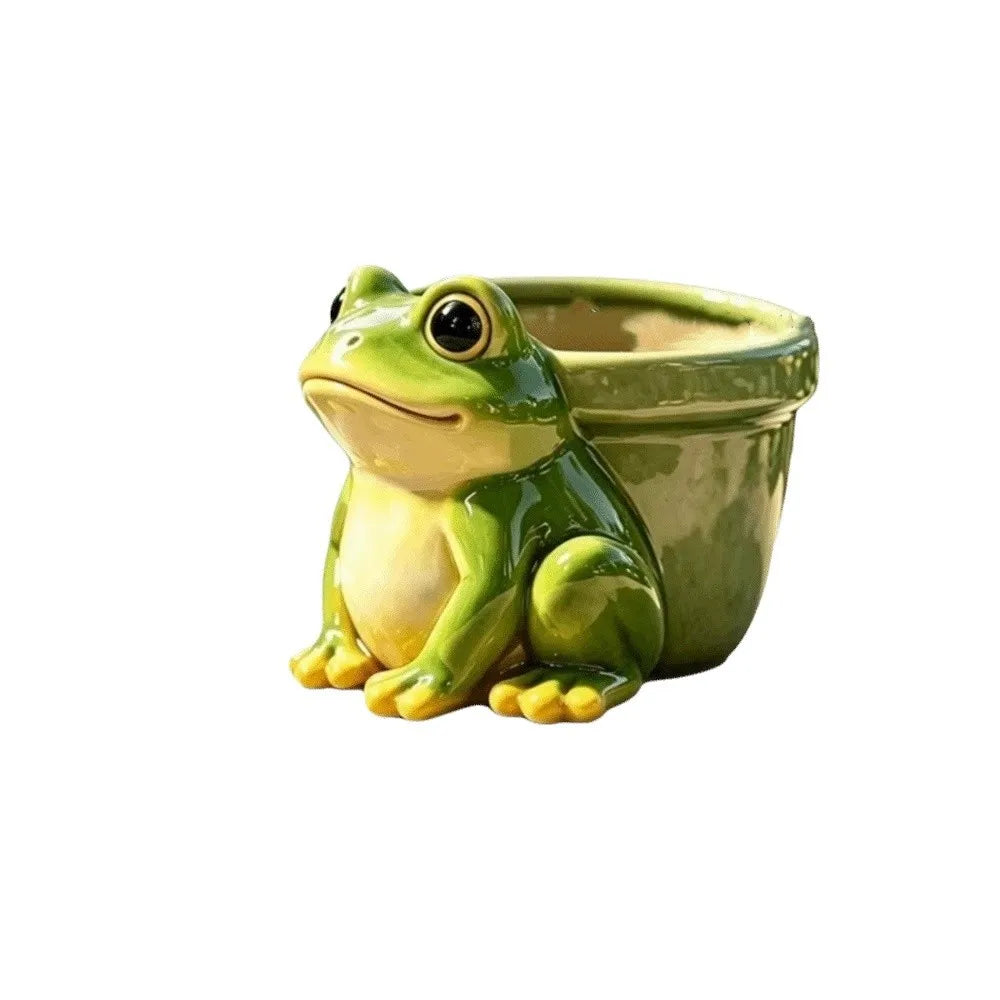 Cute Frog Resin Flower Pot, Funny Animal Succulent Planter & Decorative Sculpture, Small Green Plant Holder and Pencil Holder for Garden, Balcony, Terrace, Home & Office