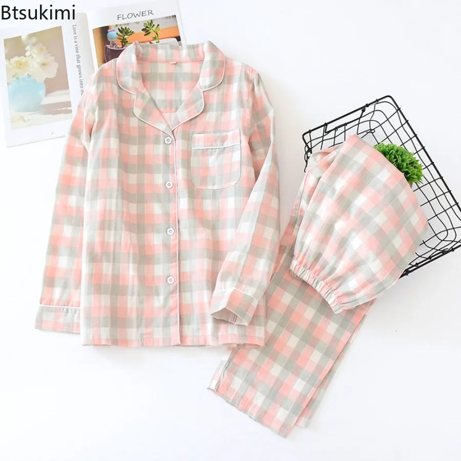 Couple's 100% Cotton Pajamas Two-piece Set Long Sleeved Pants Simple Plaid Print Pajamas Homewear Sleepwear for Women and Men
