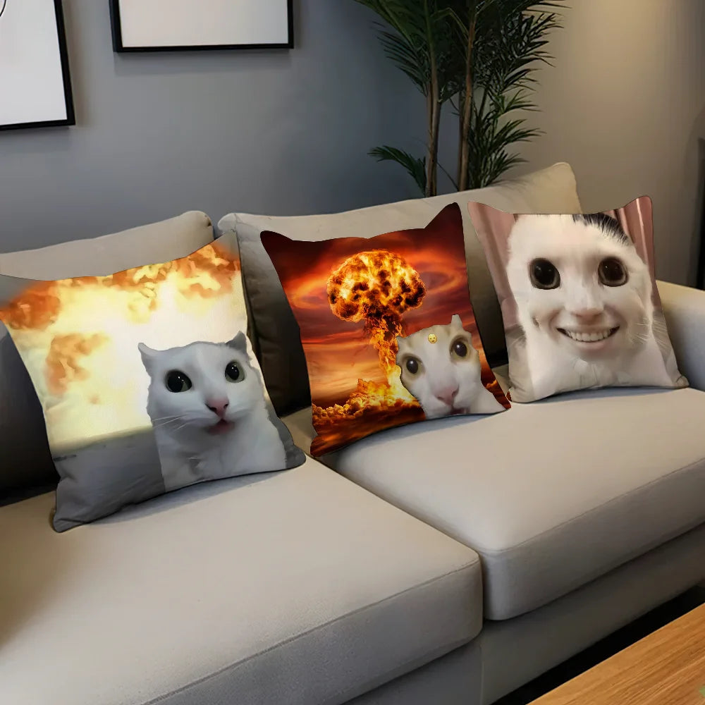 Funny Cat Meme Cushion Cover, Double-Sided Printed 100% Polyester Pillowcase, Cute Square Decorative Throw Pillow Cover for Sofa, Living Room, Office, Car & Home Decor