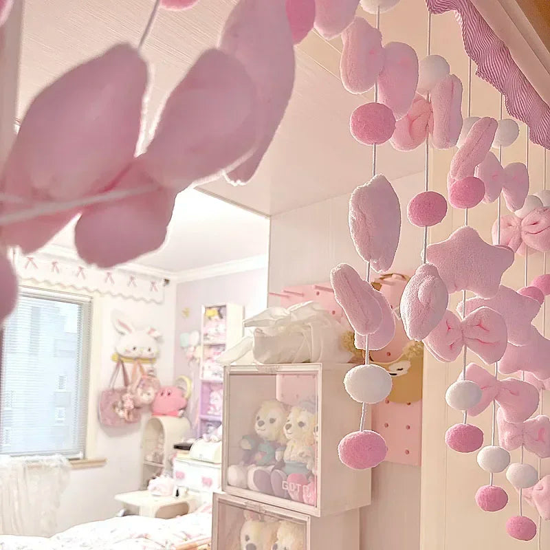 Pink Bow Short Curtain, Cute Kawaii Velvet Door & Window Curtain with Velcro Installation, Soft Decorative Thread Partition for Girls’ Bedroom, Dormitory & Bathroom