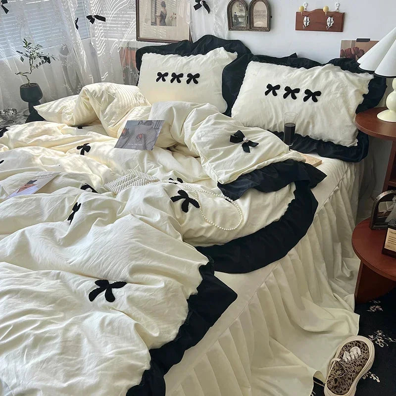 Black Bow Cotton Bedding Set – Princess Style Washed Cotton Duvet Cover with Embroidered Bow, Flat Sheet & Pillowcases