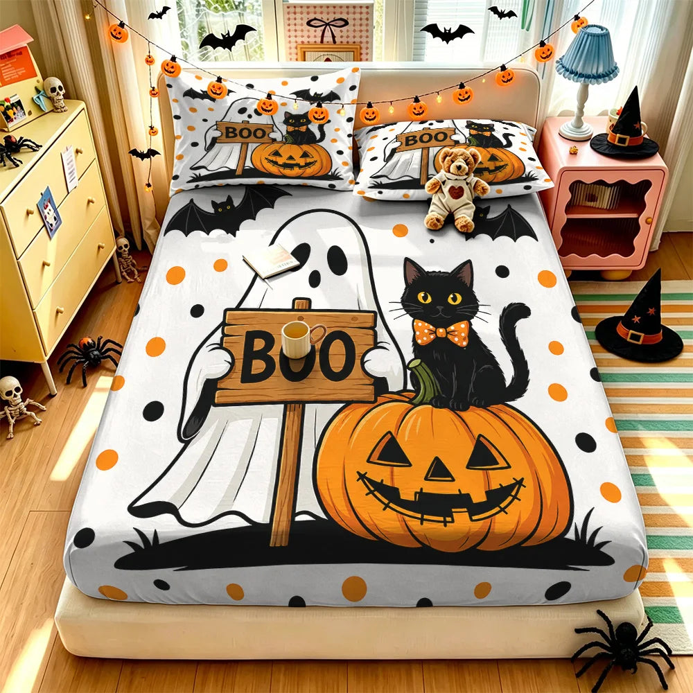 3-Piece Halloween Duvet Cover Set – Ghost, Black Cat, Pumpkin & Bat Printed Bedding with Pillowcases, Spooky Bedroom Decor
