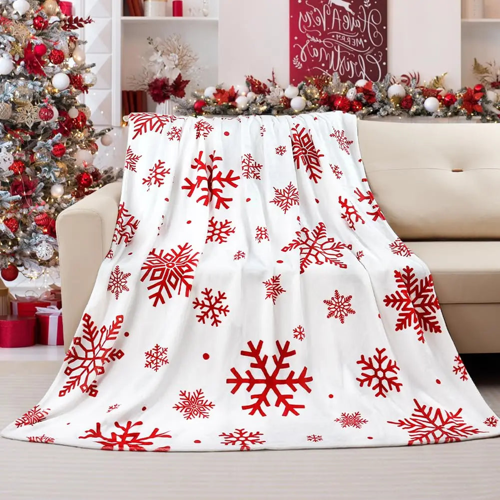Christmas Throw Blanket, Red Snowflake Printed Flannel Fleece Blanket, Super Soft Plush Fuzzy Winter Blanket for Bed, Sofa, Couch & Holiday Home Decor